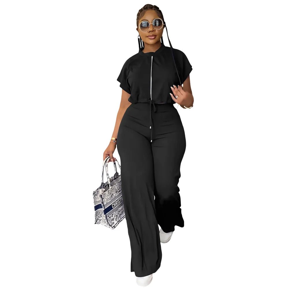 Women Casual Round Neck Drawstring Short Sleeve Top & High Waist Pants Set Summer Solid Two Piece Suit Sets Outfits Set Female - MAGUSTA BEAUTY