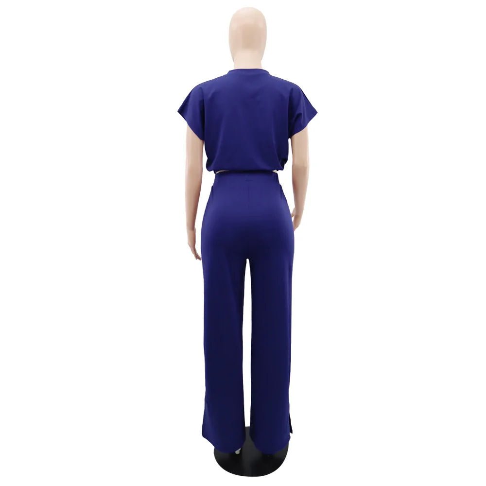 Women Casual Round Neck Drawstring Short Sleeve Top & High Waist Pants Set Summer Solid Two Piece Suit Sets Outfits Set Female - MAGUSTA BEAUTY