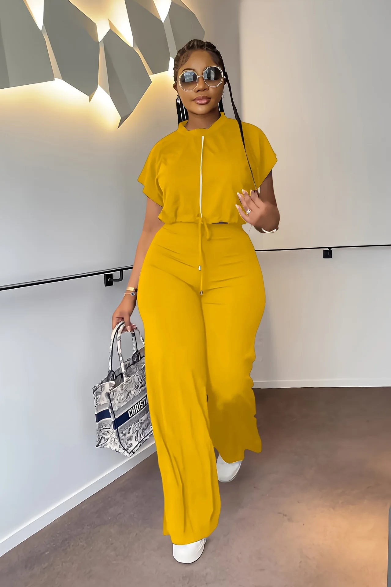 Women Casual Round Neck Drawstring Short Sleeve Top & High Waist Pants Set Summer Solid Two Piece Suit Sets Outfits Set Female - MAGUSTA BEAUTY