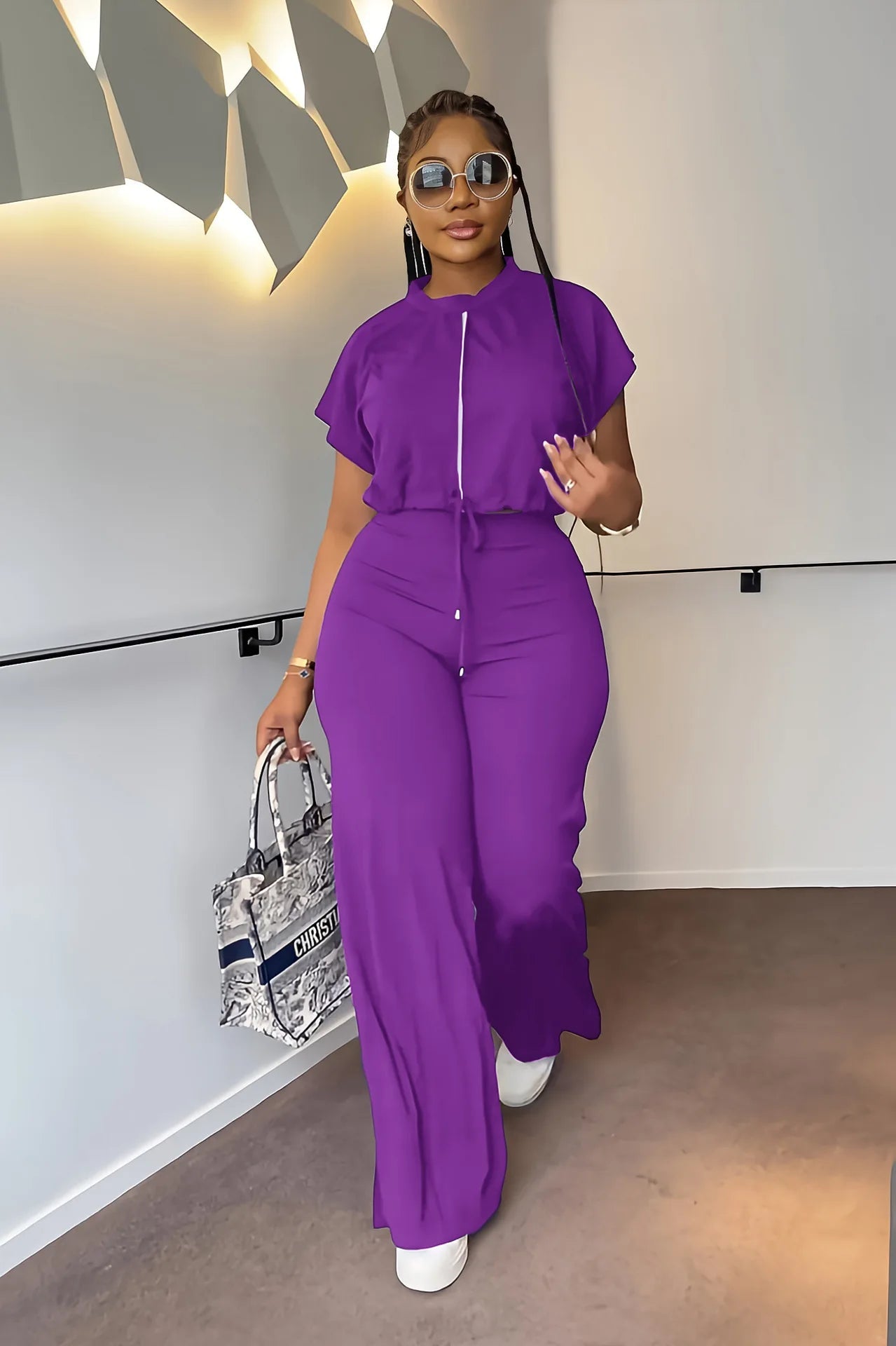 Women Casual Round Neck Drawstring Short Sleeve Top & High Waist Pants Set Summer Solid Two Piece Suit Sets Outfits Set Female - MAGUSTA BEAUTY