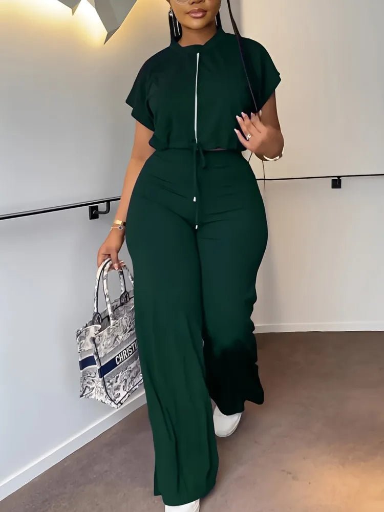 Women Casual Round Neck Drawstring Short Sleeve Top & High Waist Pants Set Summer Solid Two Piece Suit Sets Outfits Set Female - MAGUSTA BEAUTY