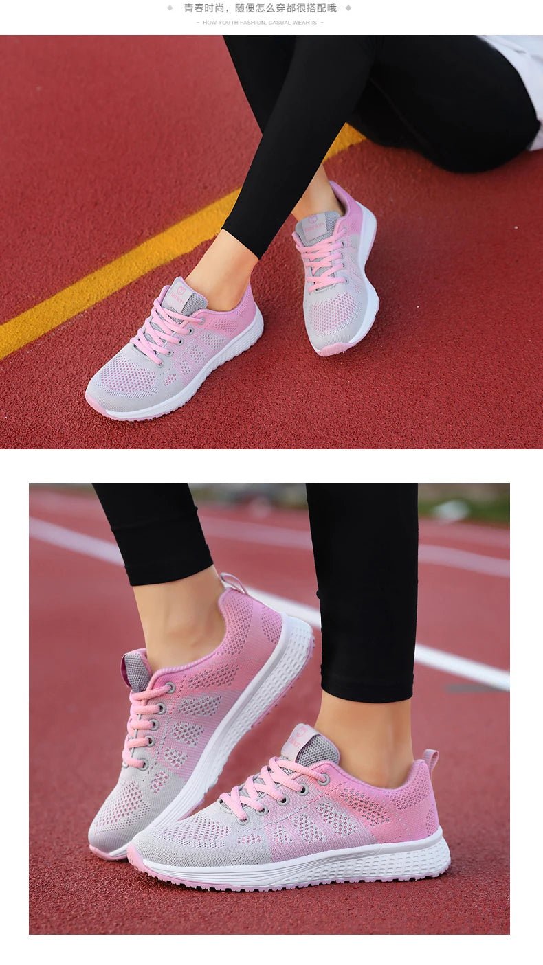 Women Casual Shoes Breathable Walking Mesh Lace Up Flat Shoes Sneakers Women Tenis Feminino Pink Black White - MAGUSTA BEAUTY