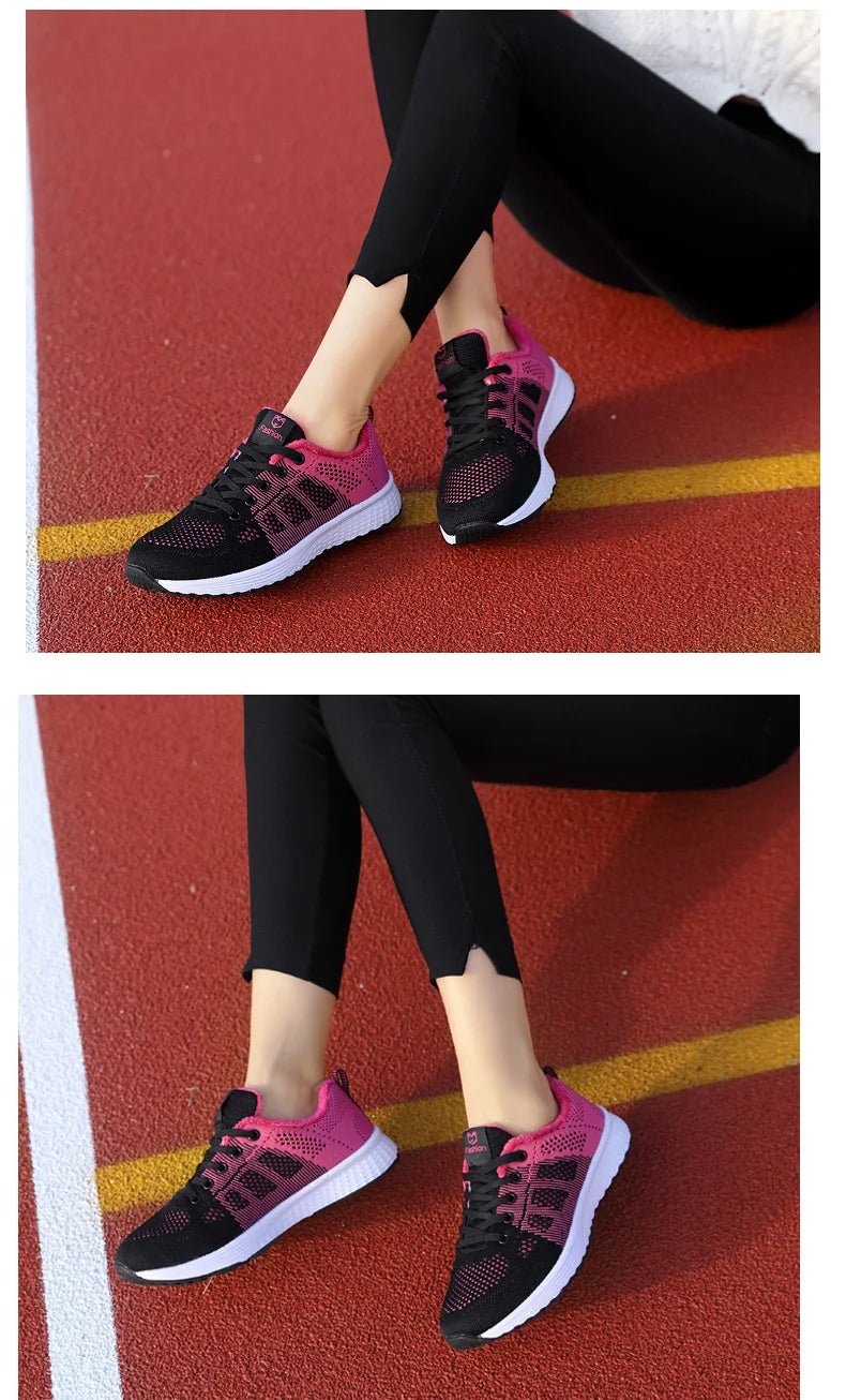 Women Casual Shoes Breathable Walking Mesh Lace Up Flat Shoes Sneakers Women Tenis Feminino Pink Black White - MAGUSTA BEAUTY