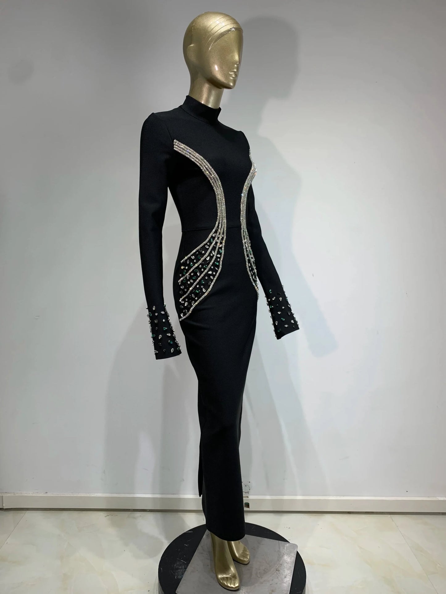 Women Celebrity Sexy Beading Crystal Diamonds Black White Maxi Long Bodycon Bandage Dress 2024 Elegant Evening Club Party Dress - MAGUSTA BEAUTY
