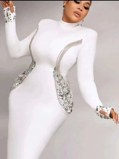 Women Celebrity Sexy Beading Crystal Diamonds Black White Maxi Long Bodycon Bandage Dress 2024 Elegant Evening Club Party Dress - MAGUSTA BEAUTY