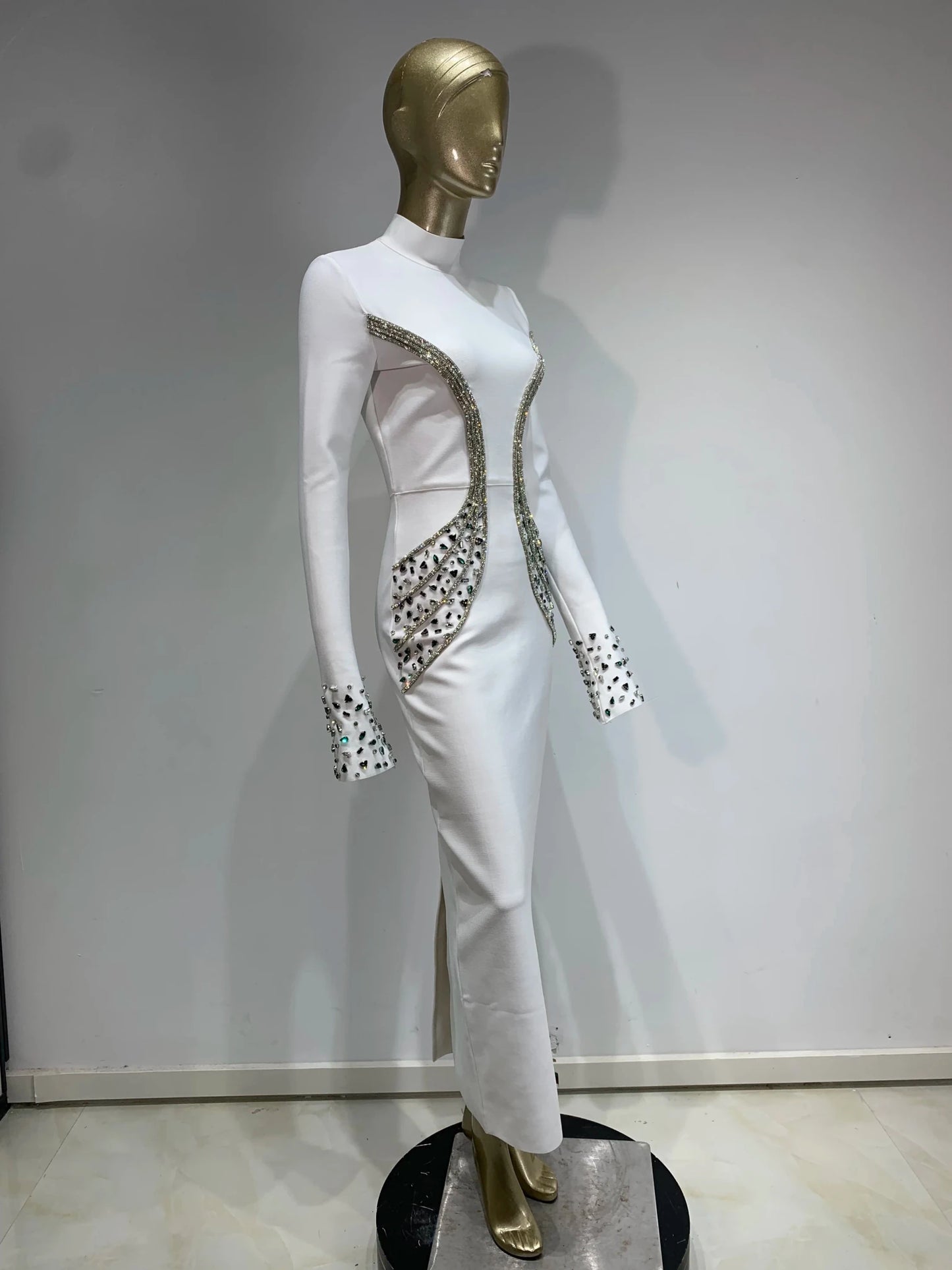 Women Celebrity Sexy Beading Crystal Diamonds Black White Maxi Long Bodycon Bandage Dress 2024 Elegant Evening Club Party Dress - MAGUSTA BEAUTY