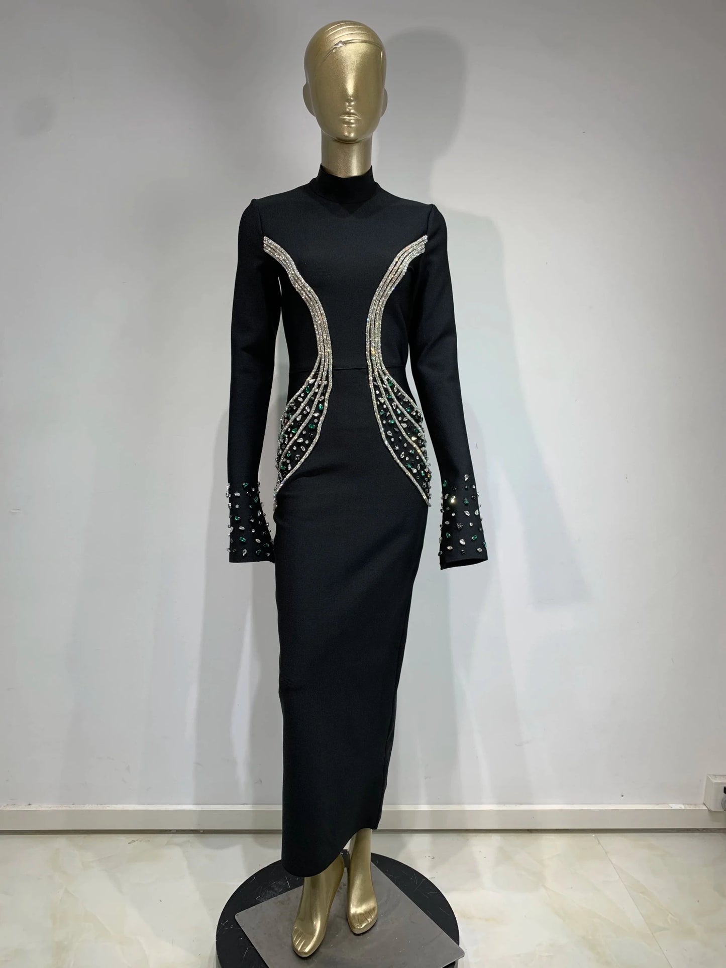 Women Celebrity Sexy Beading Crystal Diamonds Black White Maxi Long Bodycon Bandage Dress 2024 Elegant Evening Club Party Dress - MAGUSTA BEAUTY
