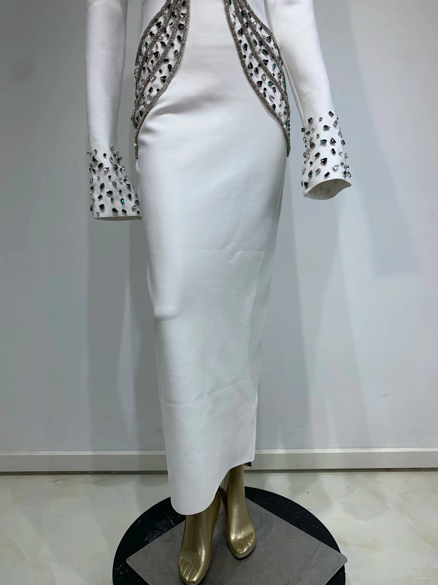 Women Celebrity Sexy Beading Crystal Diamonds Black White Maxi Long Bodycon Bandage Dress 2024 Elegant Evening Club Party Dress - MAGUSTA BEAUTY