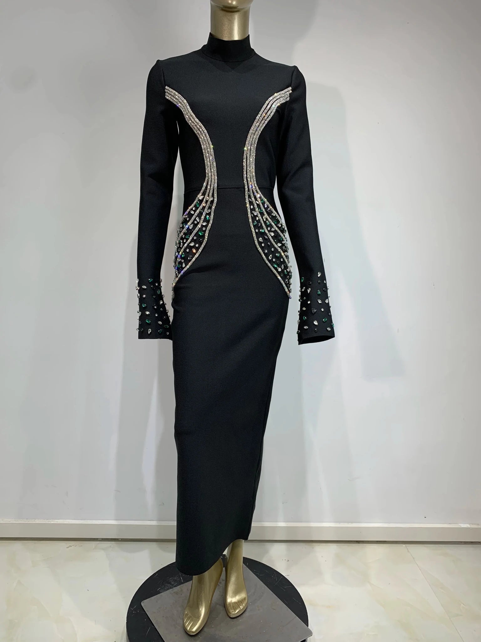 Women Celebrity Sexy Beading Crystal Diamonds Black White Maxi Long Bodycon Bandage Dress 2024 Elegant Evening Club Party Dress - MAGUSTA BEAUTY