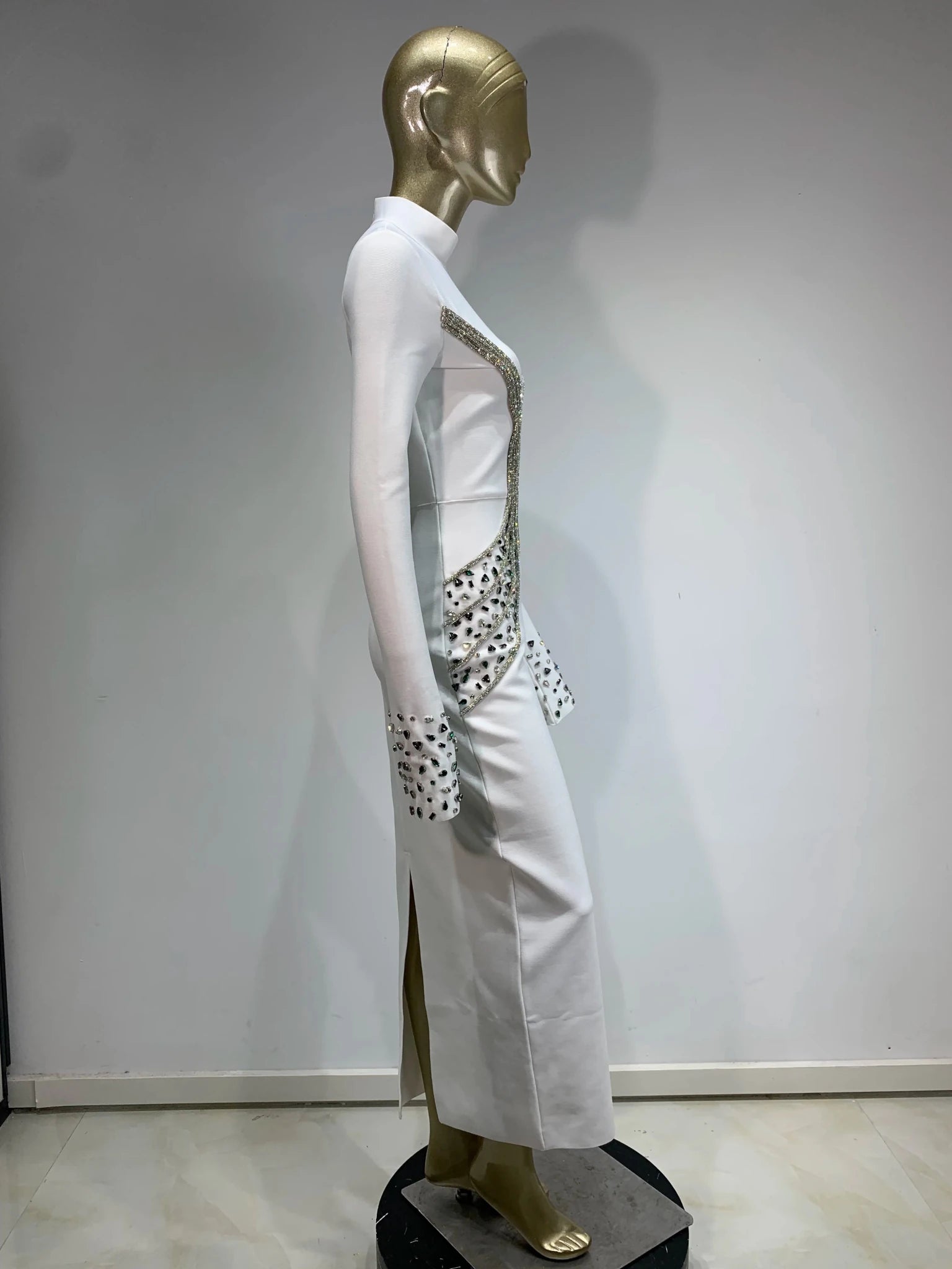 Women Celebrity Sexy Beading Crystal Diamonds Black White Maxi Long Bodycon Bandage Dress 2024 Elegant Evening Club Party Dress - MAGUSTA BEAUTY