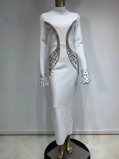 Women Celebrity Sexy Beading Crystal Diamonds Black White Maxi Long Bodycon Bandage Dress 2024 Elegant Evening Club Party Dress - MAGUSTA BEAUTY