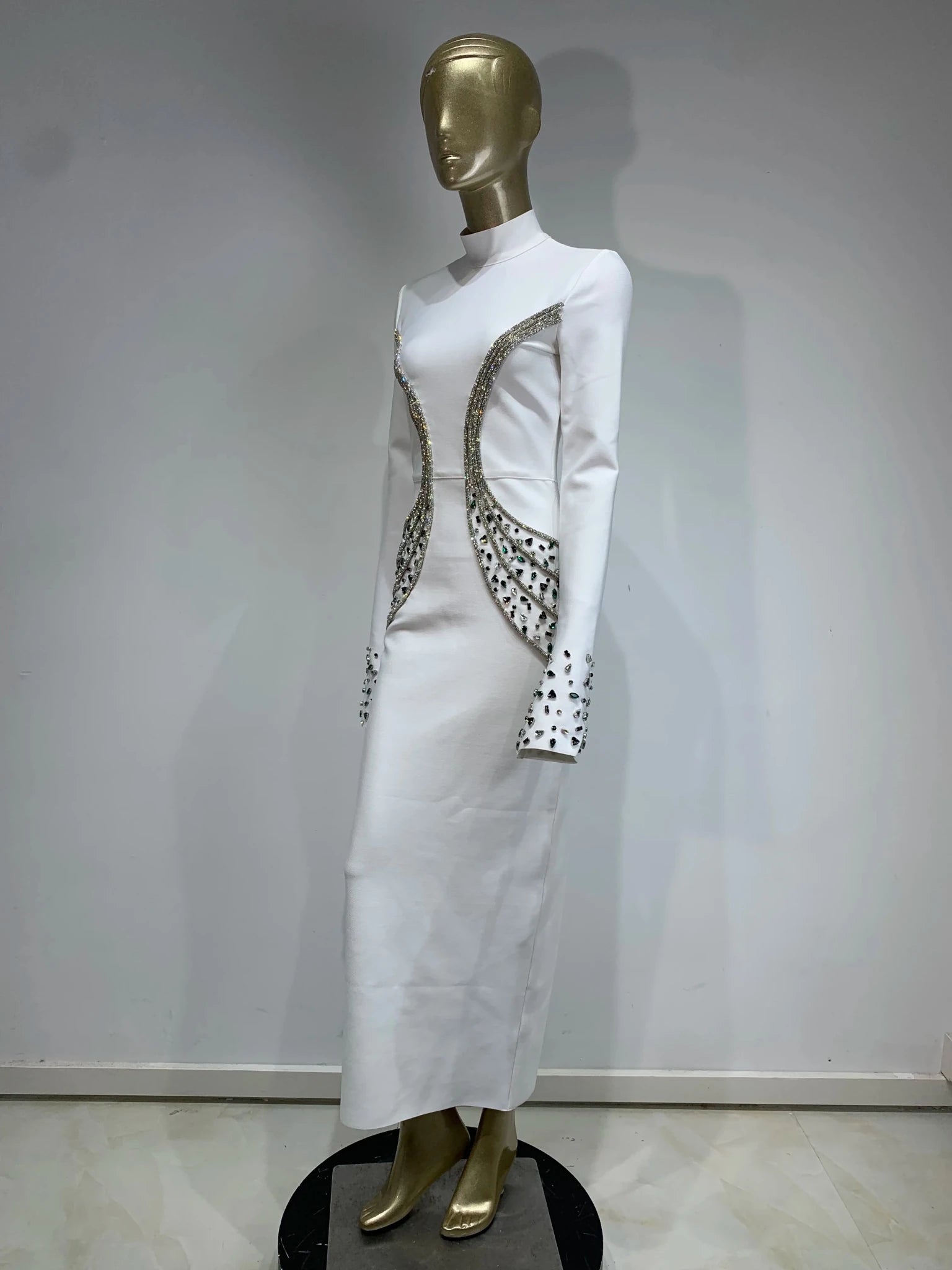 Women Celebrity Sexy Beading Crystal Diamonds Black White Maxi Long Bodycon Bandage Dress 2024 Elegant Evening Club Party Dress - MAGUSTA BEAUTY