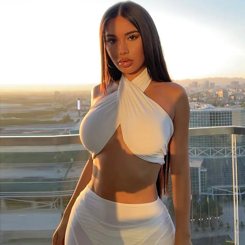 Women Corset Summer Cross Tank Top Sexy Solid White Halter Hollow Buckle Neck Crop Top High Street Wear 2024 Fashion Y2k Clothes - MAGUSTA BEAUTY