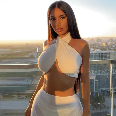 Women Corset Summer Cross Tank Top Sexy Solid White Halter Hollow Buckle Neck Crop Top High Street Wear 2024 Fashion Y2k Clothes - MAGUSTA BEAUTY