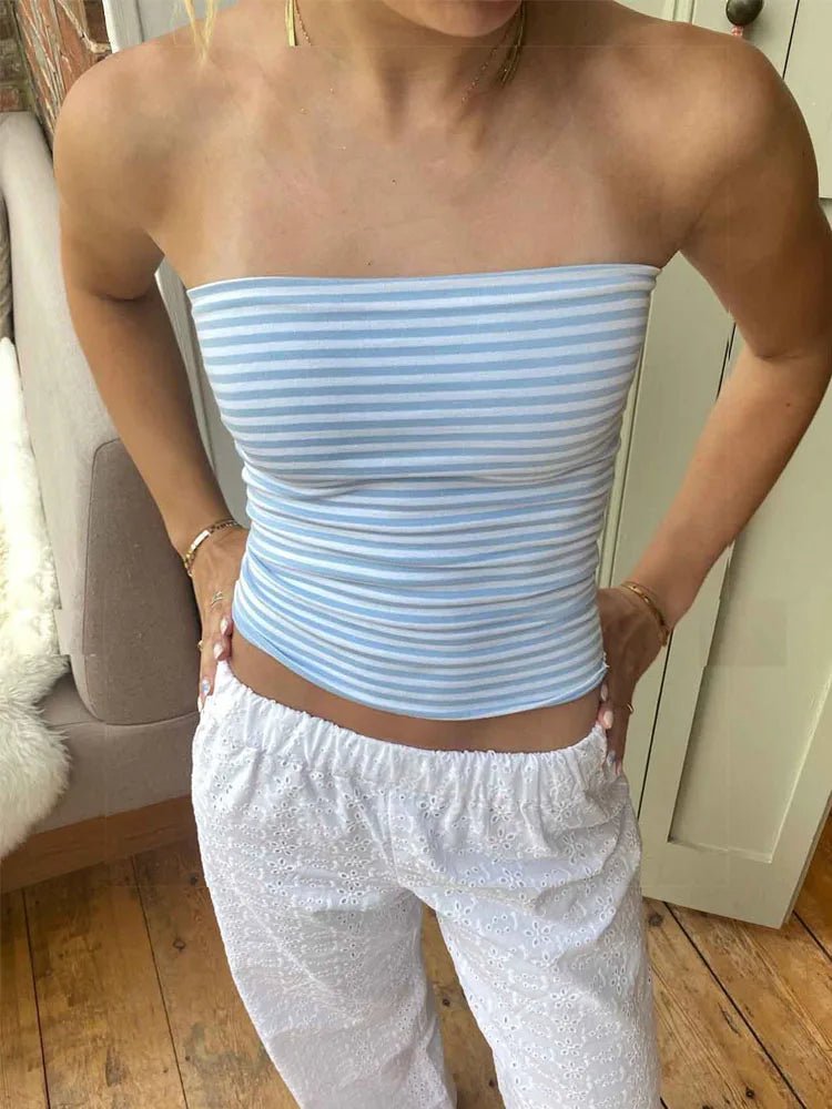 Women Cropped Tube Tops Strapless Off Shoulder Backless Short Tank Summer Party Club Striped/Solid Mini Vest 2024 New - MAGUSTA BEAUTY