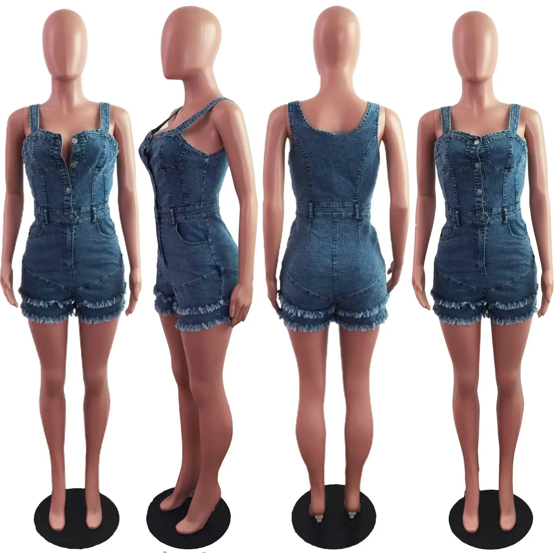 Women Denim Rompers Shorts Jeans Overalls High Waist Spliced Washed Jean Tassel Pockets One Piece Casual Skinny Solid 2025 - MAGUSTA BEAUTY