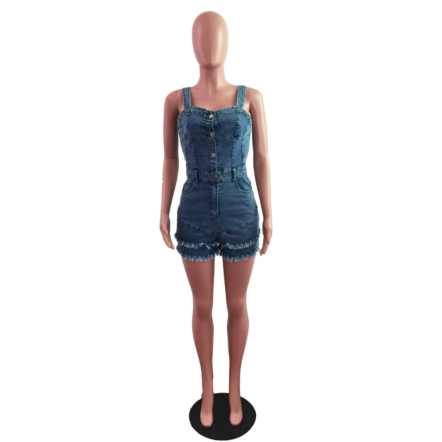 Women Denim Rompers Shorts Jeans Overalls High Waist Spliced Washed Jean Tassel Pockets One Piece Casual Skinny Solid 2025 - MAGUSTA BEAUTY