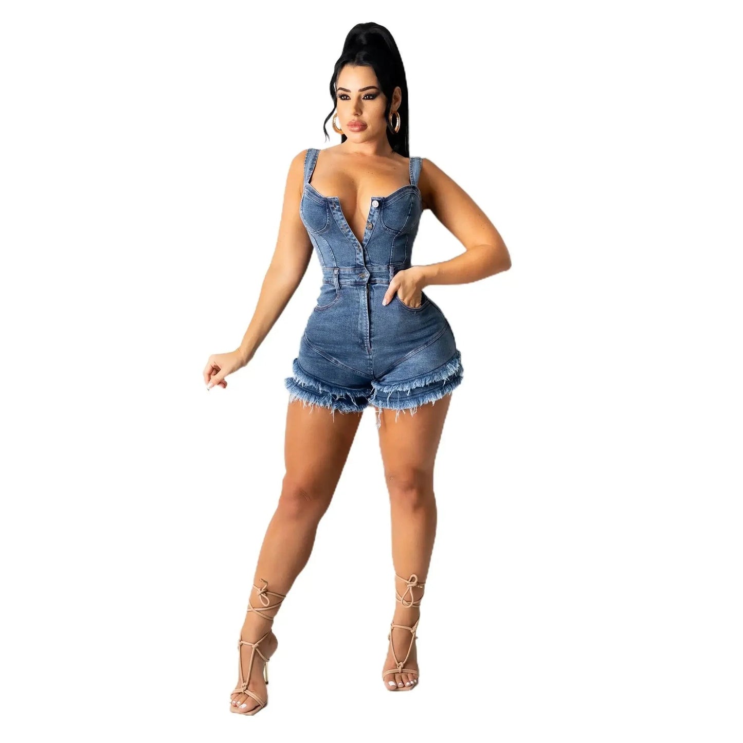 Women Denim Rompers Shorts Jeans Overalls High Waist Spliced Washed Jean Tassel Pockets One Piece Casual Skinny Solid 2025 - MAGUSTA BEAUTY
