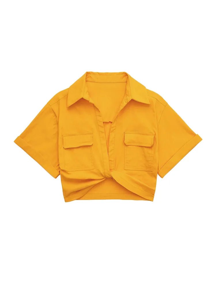 Women Fashion Front Knot Elastic Linen Cropped Shirts Vintage Short Sleeve Patch Pockets Female Blouses Blusa Chic Tops - MAGUSTA BEAUTY