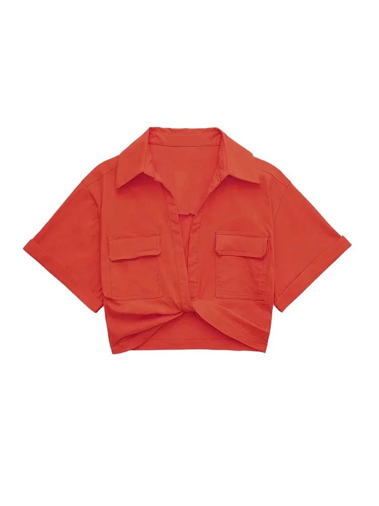 Women Fashion Front Knot Elastic Linen Cropped Shirts Vintage Short Sleeve Patch Pockets Female Blouses Blusa Chic Tops - MAGUSTA BEAUTY