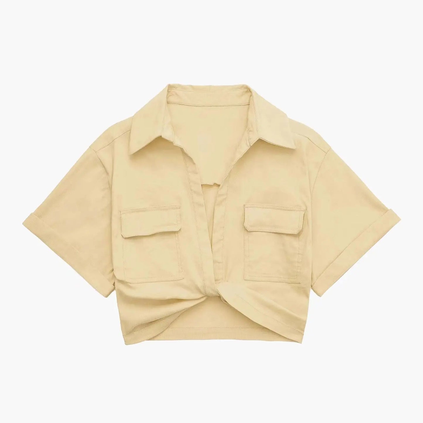 Women Fashion Front Knot Elastic Linen Cropped Shirts Vintage Short Sleeve Patch Pockets Female Blouses Blusa Chic Tops - MAGUSTA BEAUTY