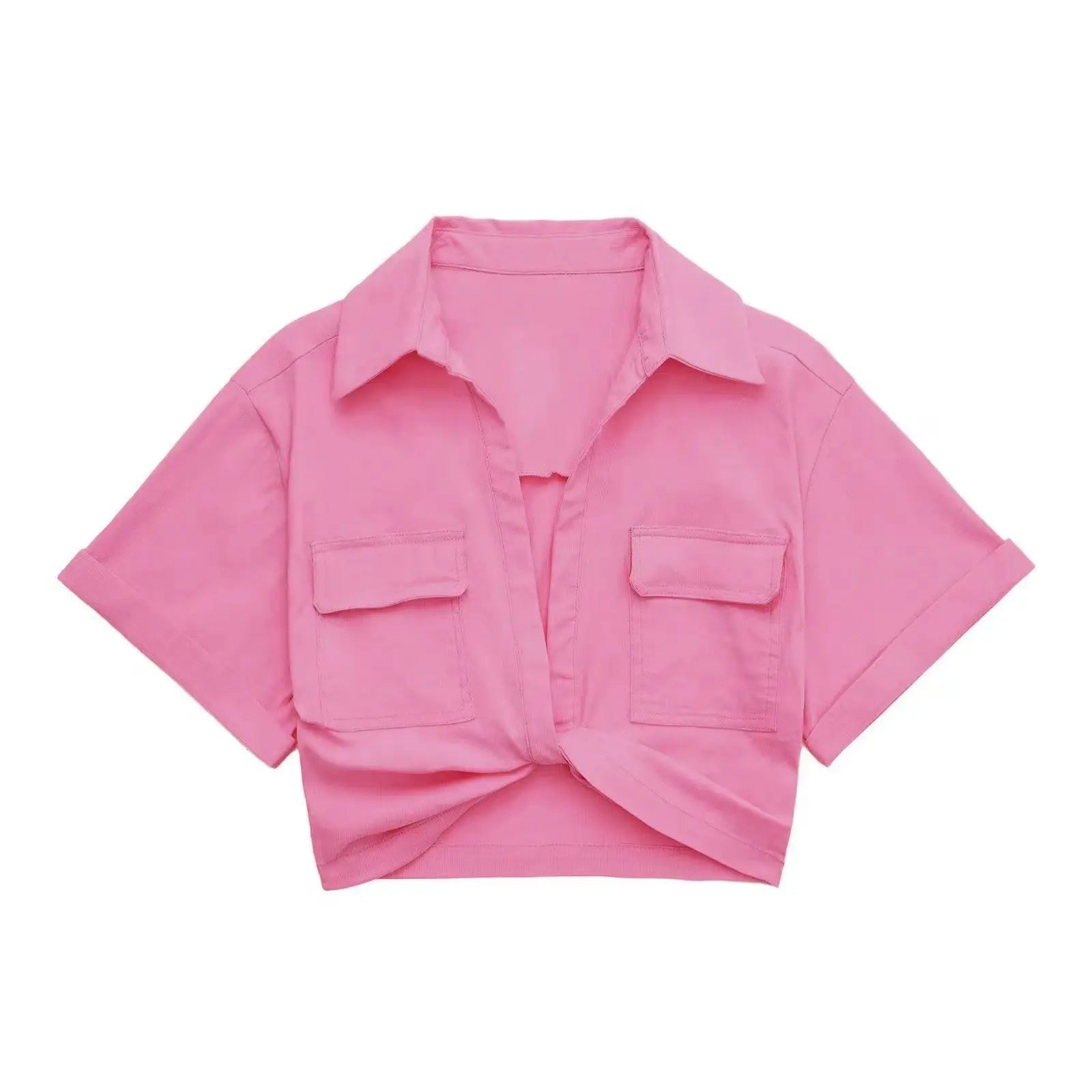 Women Fashion Front Knot Elastic Linen Cropped Shirts Vintage Short Sleeve Patch Pockets Female Blouses Blusa Chic Tops - MAGUSTA BEAUTY