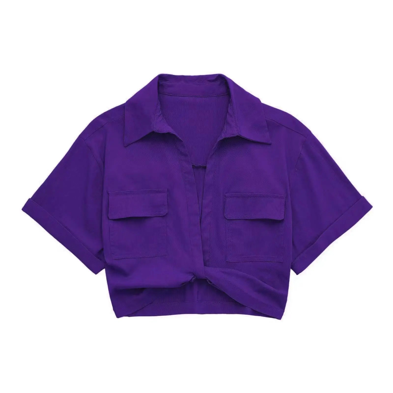 Women Fashion Front Knot Elastic Linen Cropped Shirts Vintage Short Sleeve Patch Pockets Female Blouses Blusa Chic Tops - MAGUSTA BEAUTY