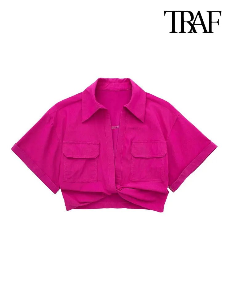 Women Fashion Front Knot Elastic Linen Cropped Shirts Vintage Short Sleeve Patch Pockets Female Blouses Blusa Chic Tops - MAGUSTA BEAUTY