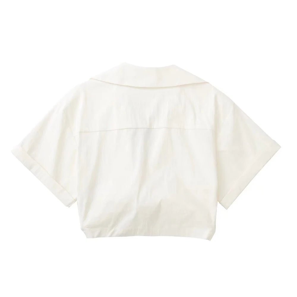 Women Fashion Front Knot Elastic Linen Cropped Shirts Vintage Short Sleeve Patch Pockets Female Blouses Blusa Chic Tops - MAGUSTA BEAUTY