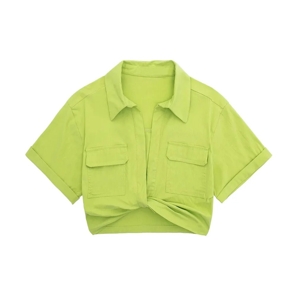 Women Fashion Front Knot Elastic Linen Cropped Shirts Vintage Short Sleeve Patch Pockets Female Blouses Blusa Chic Tops - MAGUSTA BEAUTY