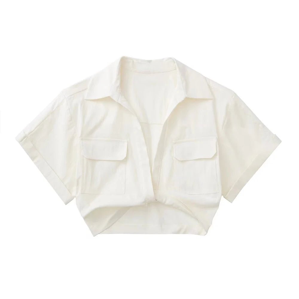 Women Fashion Front Knot Elastic Linen Cropped Shirts Vintage Short Sleeve Patch Pockets Female Blouses Blusa Chic Tops - MAGUSTA BEAUTY