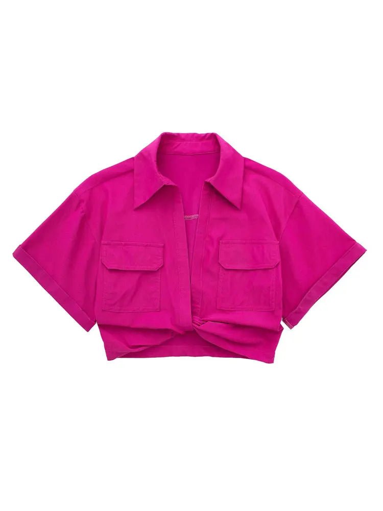 Women Fashion Front Knot Elastic Linen Cropped Shirts Vintage Short Sleeve Patch Pockets Female Blouses Blusa Chic Tops - MAGUSTA BEAUTY