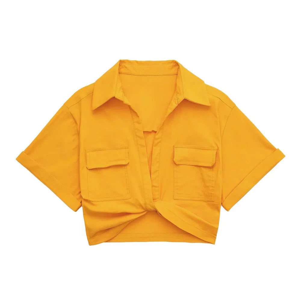 Women Fashion Front Knot Elastic Linen Cropped Shirts Vintage Short Sleeve Patch Pockets Female Blouses Blusa Chic Tops - MAGUSTA BEAUTY