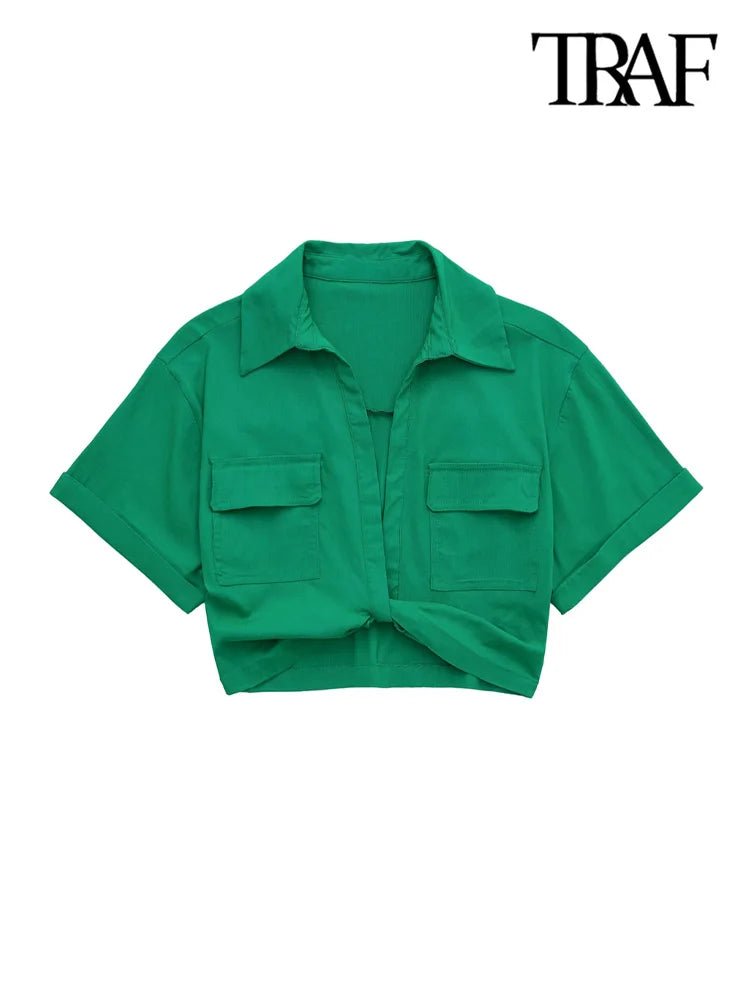 Women Fashion Front Knot Elastic Linen Cropped Shirts Vintage Short Sleeve Patch Pockets Female Blouses Blusa Chic Tops - MAGUSTA BEAUTY