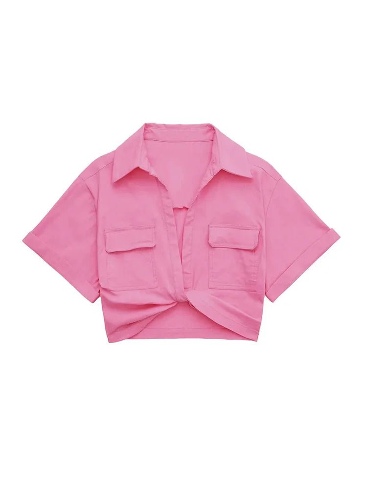 Women Fashion Front Knot Elastic Linen Cropped Shirts Vintage Short Sleeve Patch Pockets Female Blouses Blusa Chic Tops - MAGUSTA BEAUTY