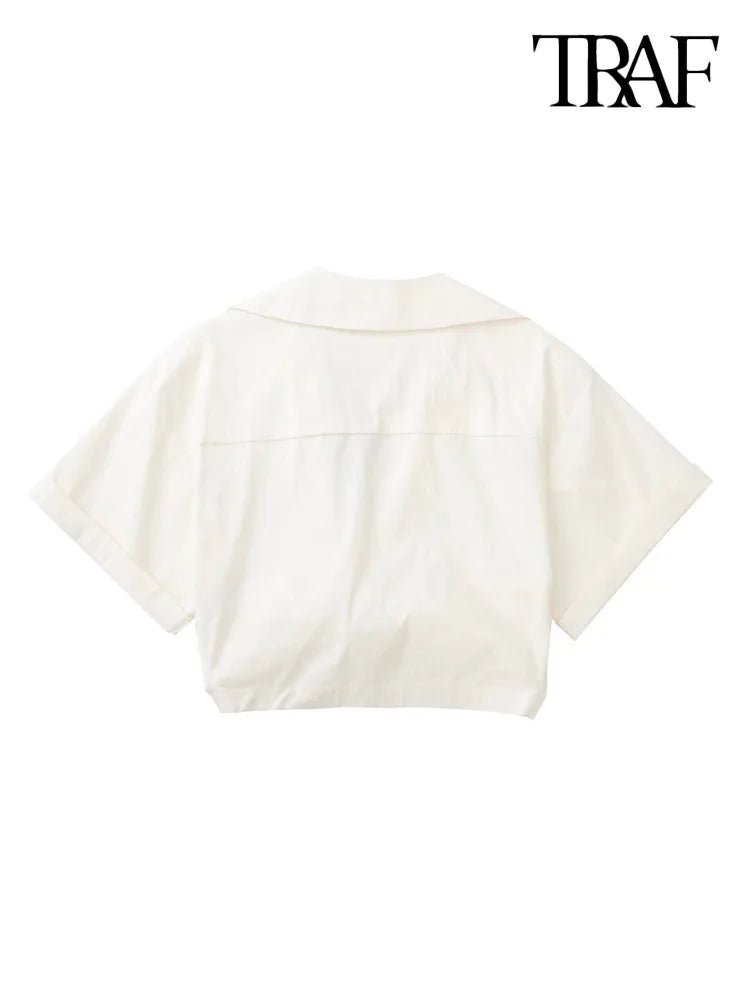 Women Fashion Front Knot Elastic Linen Cropped Shirts Vintage Short Sleeve Patch Pockets Female Blouses Blusa Chic Tops - MAGUSTA BEAUTY