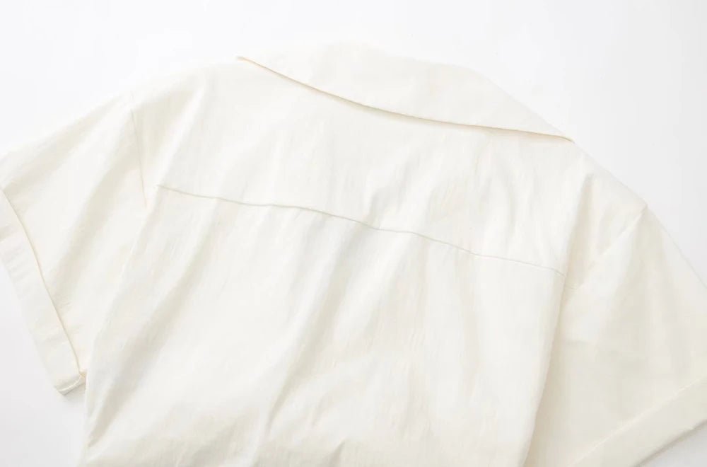 Women Fashion Front Knot Elastic Linen Cropped Shirts Vintage Short Sleeve Patch Pockets Female Blouses Blusa Chic Tops - MAGUSTA BEAUTY