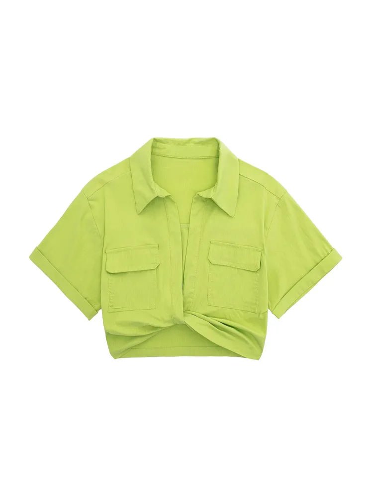 Women Fashion Front Knot Elastic Linen Cropped Shirts Vintage Short Sleeve Patch Pockets Female Blouses Blusa Chic Tops - MAGUSTA BEAUTY