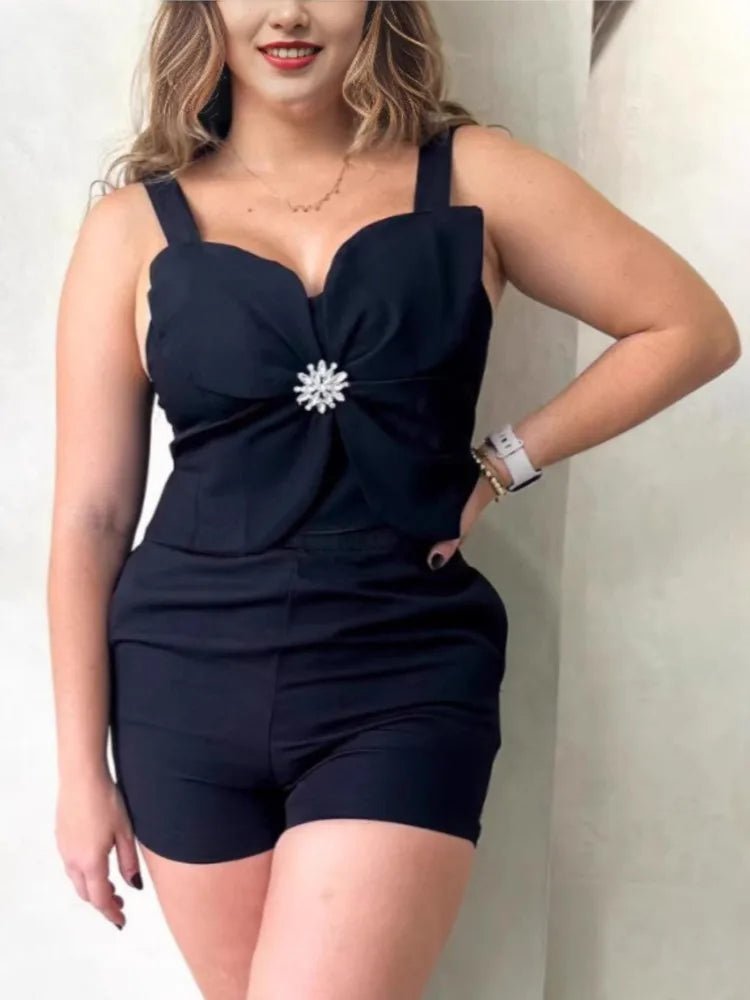 Women Fashion White Black Casual Sleeveless Tank Top Two Piece Sets Outfit Summer Sexy Backless Folds Vest +pockets Shorts Set - MAGUSTA BEAUTY