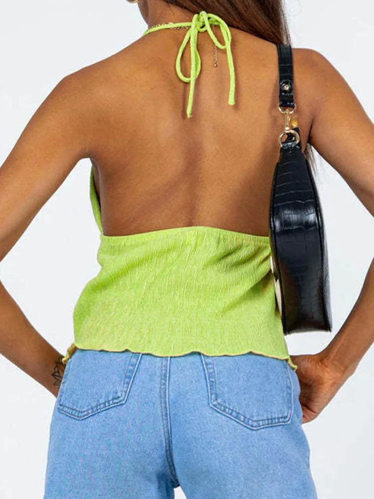 Women Halterneck Crop Tops Summer Solid Color Bandage Open Front Backless Sleeveless Green Tops y2k Streetwear - MAGUSTA BEAUTY