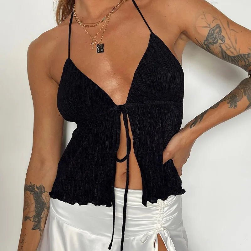 Women Halterneck Crop Tops Summer Solid Color Bandage Open Front Backless Sleeveless Green Tops y2k Streetwear - MAGUSTA BEAUTY
