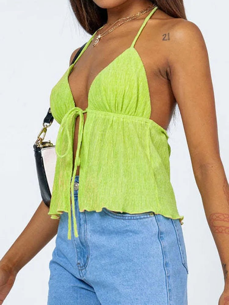 Women Halterneck Crop Tops Summer Solid Color Bandage Open Front Backless Sleeveless Green Tops y2k Streetwear - MAGUSTA BEAUTY