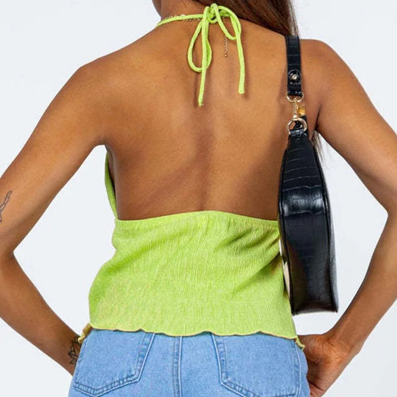 Women Halterneck Crop Tops Summer Solid Color Bandage Open Front Backless Sleeveless Green Tops y2k Streetwear - MAGUSTA BEAUTY