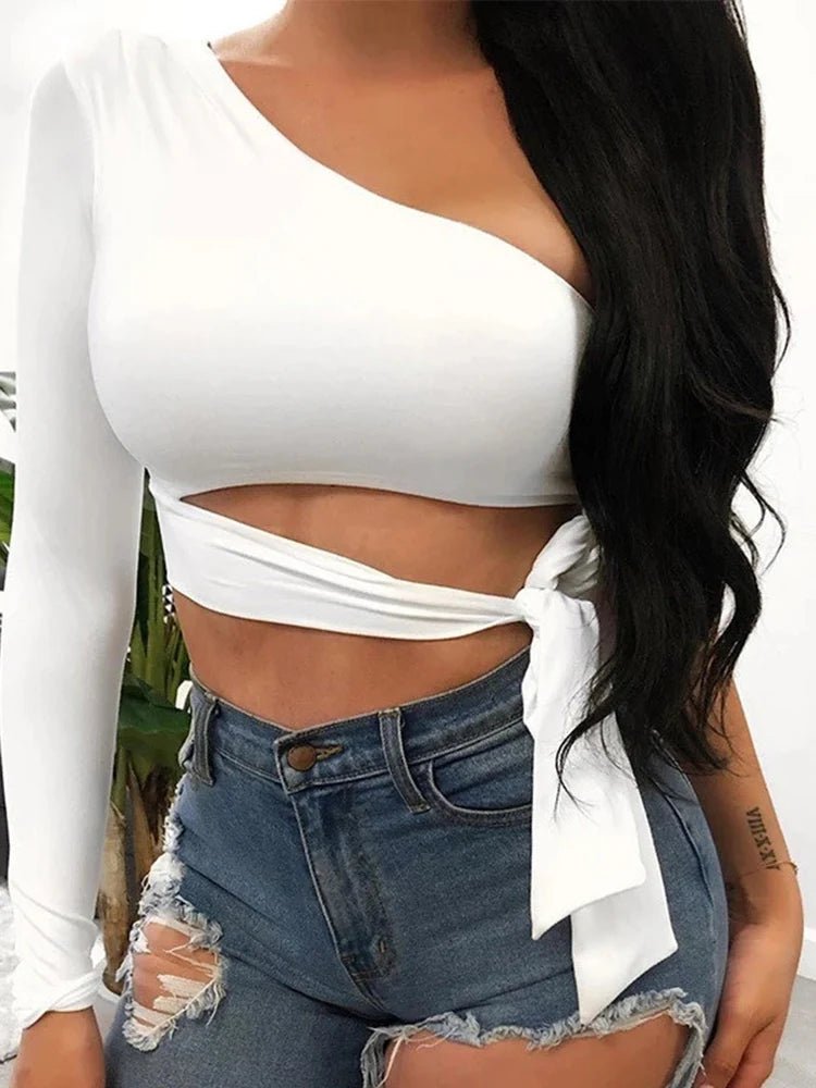 Women lady bandage slim tee tops long sleeve one-shoulder bow-tie elastic solid T Shirt cold shoulder sexy crop top Club Street - MAGUSTA BEAUTY