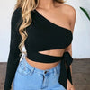 Women lady bandage slim tee tops long sleeve one-shoulder bow-tie elastic solid T Shirt cold shoulder sexy crop top Club Street - MAGUSTA BEAUTY