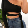 Women lady bandage slim tee tops long sleeve one-shoulder bow-tie elastic solid T Shirt cold shoulder sexy crop top Club Street - MAGUSTA BEAUTY