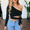 Women lady bandage slim tee tops long sleeve one-shoulder bow-tie elastic solid T Shirt cold shoulder sexy crop top Club Street - MAGUSTA BEAUTY