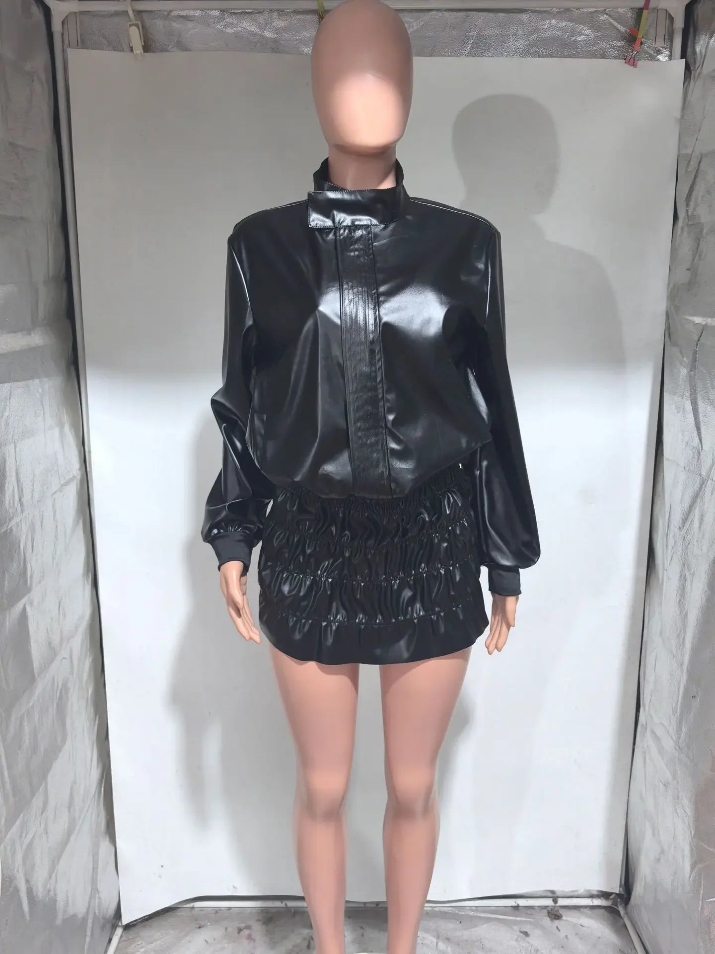 Women Mini Ruched Skirts Set +Full Sleeve PU Leather Jackets Two 2 Piece Set Outfits 2025 Fall Casual Street Night Club - MAGUSTA BEAUTY