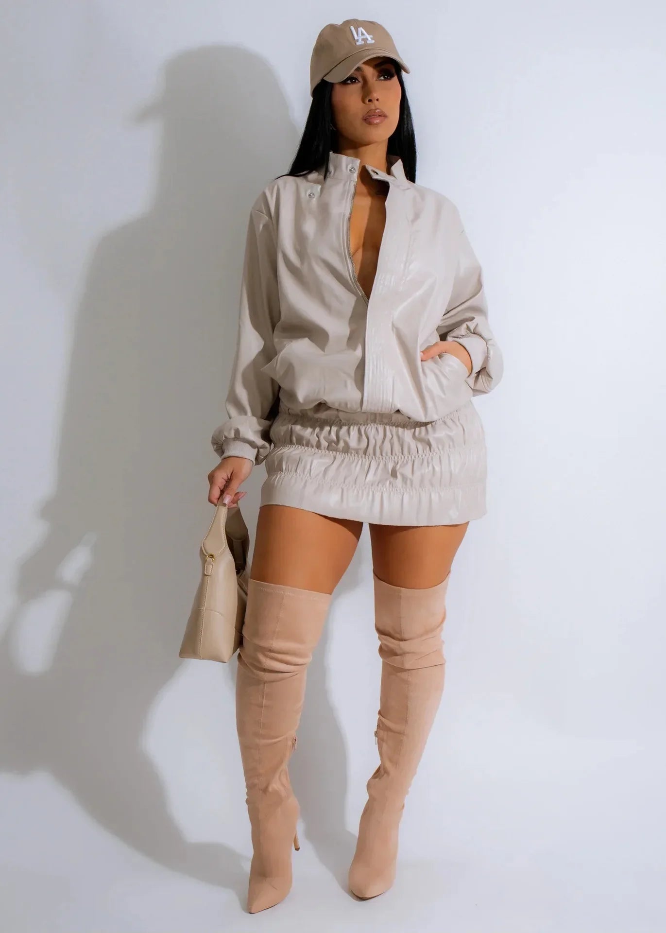 Women Mini Ruched Skirts Set +Full Sleeve PU Leather Jackets Two 2 Piece Set Outfits 2025 Fall Casual Street Night Club - MAGUSTA BEAUTY