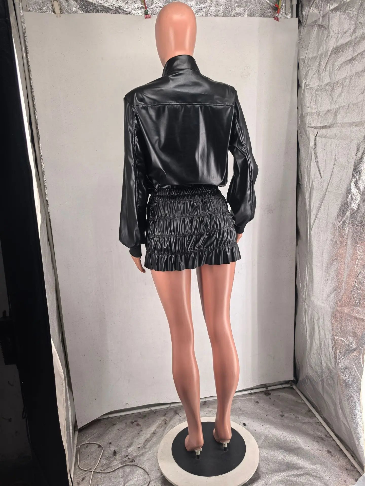 Women Mini Ruched Skirts Set +Full Sleeve PU Leather Jackets Two 2 Piece Set Outfits 2025 Fall Casual Street Night Club - MAGUSTA BEAUTY
